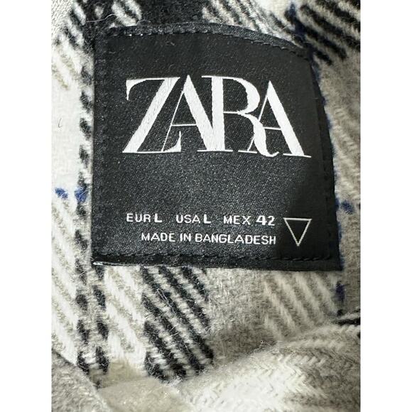 Zara Men's Plaid Shacket Button Up Hooded Shirt Jacket Cream Gray Black size L - Picture 4 of 12